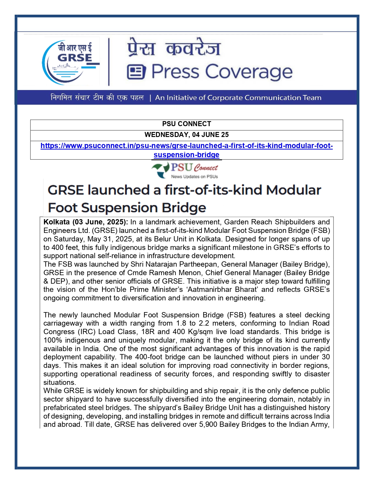 Press Coverage : CMD,GRSE conferred on CMA's Management Excellence Award 2025  